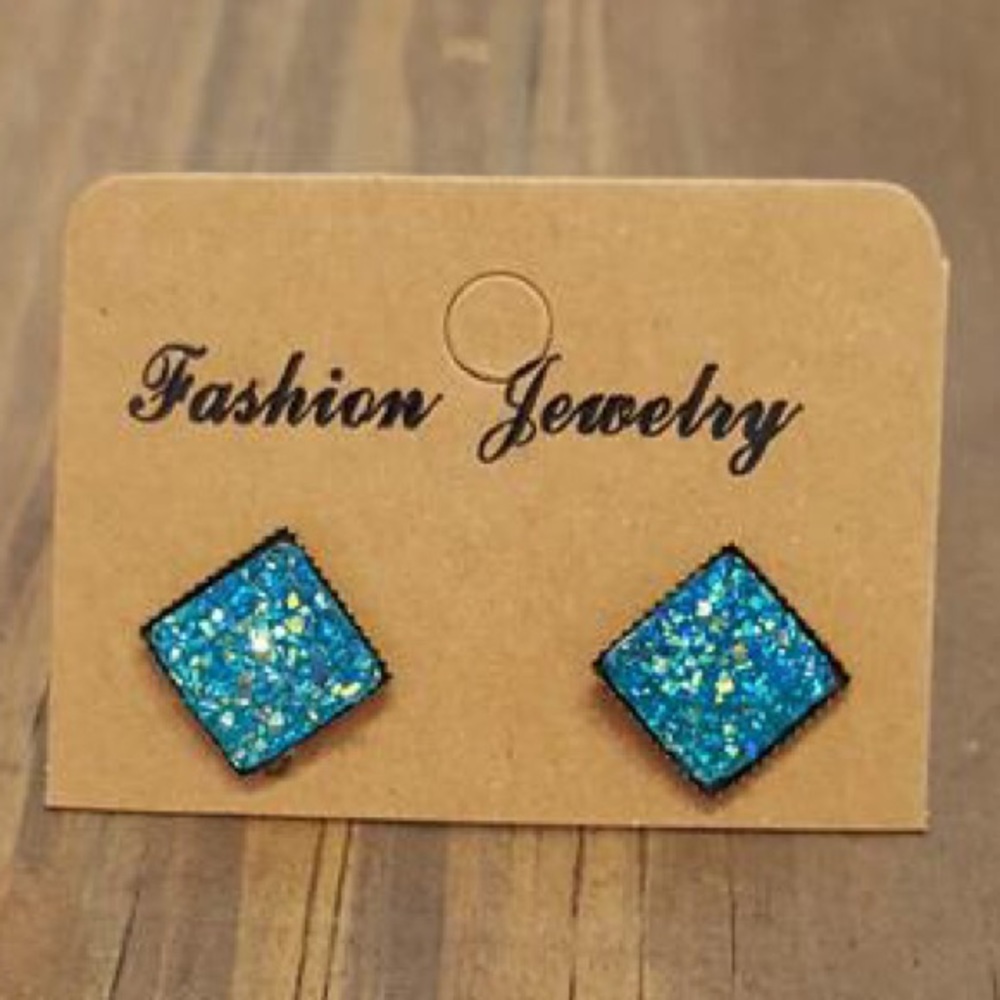 Square turquoise glitter stud earring